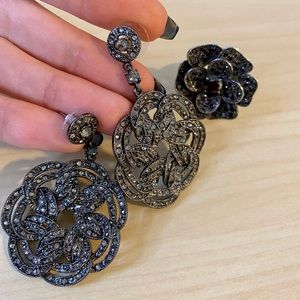 Prom Earrings and Ring- chrome/ black crystals